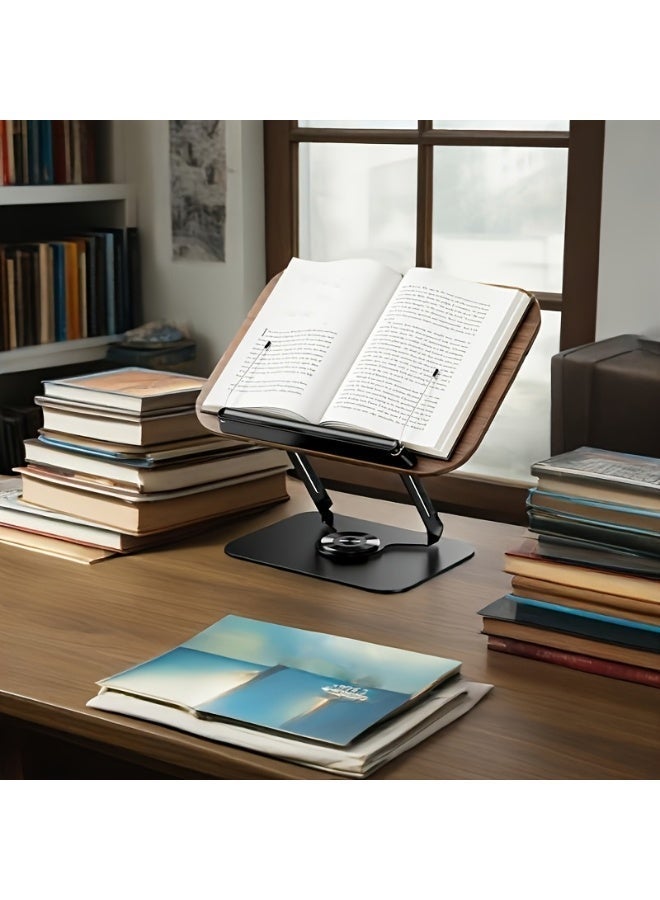 This 360° rotating bookshelf stand, featuring a wooden panel, is versatile and can be used to store cookbooks and books for reading. Its minimalist design makes it ideal for offices and libraries – black wood color - Image 2