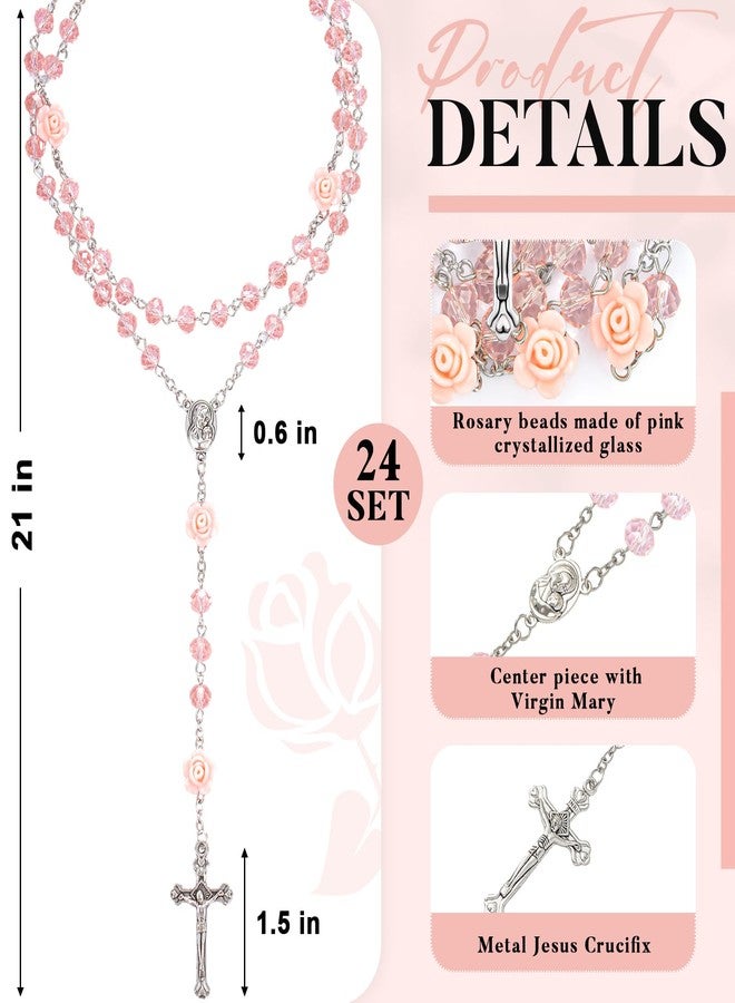 ROCEEI 24 Pcs Catholic Rosary Beads Necklace for Women Crystal Beads Flowers Necklace Rosaries Prayer Gifts with Organza Bags for First Communion Confirmation Christmas Baptism Favors (Pink) - Image 2
