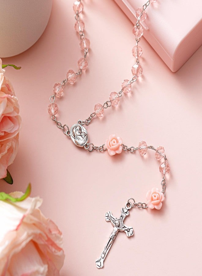 ROCEEI 24 Pcs Catholic Rosary Beads Necklace for Women Crystal Beads Flowers Necklace Rosaries Prayer Gifts with Organza Bags for First Communion Confirmation Christmas Baptism Favors (Pink) - Image 3