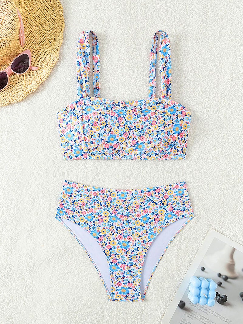 Fanuerg Women's High Waisted Bikini Sets Wide Straps Two Piece Swimsuit Blue Floral Print Bathing Suits S - Image 4