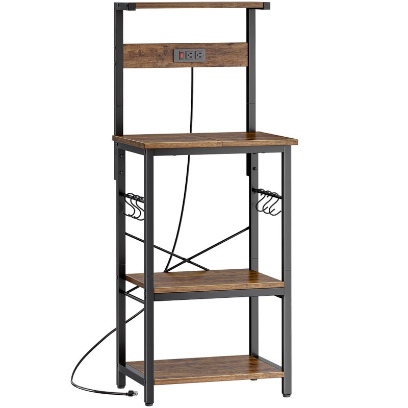 SUPERJARE 4 Tier Bakers Rack with Power Outlets, Microwave Stand with Adjustable Shelf, Kitchen Shelf Organizer for Small Space, Coffee Bar with 6 S Hooks, Kitchen Storage Rack, Rustic Brown - Image 1