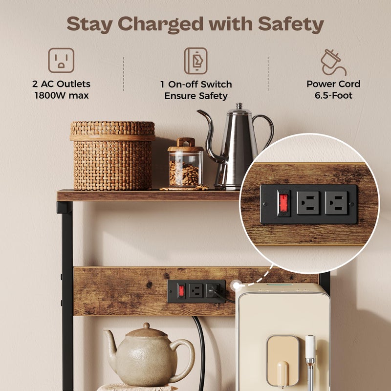 SUPERJARE 4 Tier Bakers Rack with Power Outlets, Microwave Stand with Adjustable Shelf, Kitchen Shelf Organizer for Small Space, Coffee Bar with 6 S Hooks, Kitchen Storage Rack, Rustic Brown - Image 3