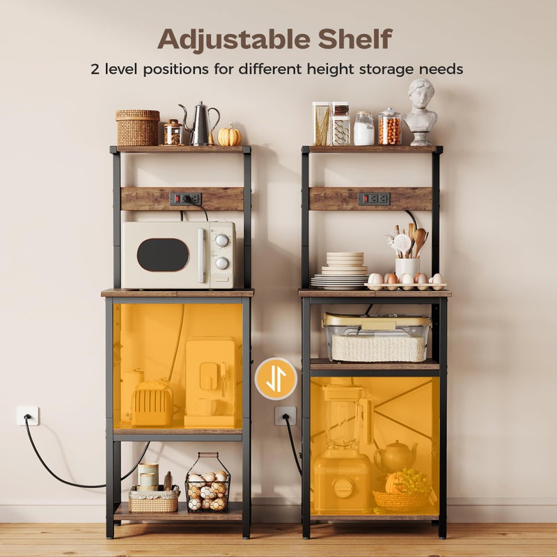 SUPERJARE 4 Tier Bakers Rack with Power Outlets, Microwave Stand with Adjustable Shelf, Kitchen Shelf Organizer for Small Space, Coffee Bar with 6 S Hooks, Kitchen Storage Rack, Rustic Brown - Image 4