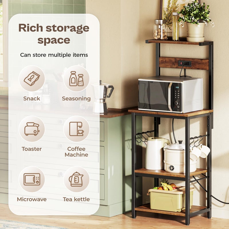 SUPERJARE 4 Tier Bakers Rack with Power Outlets, Microwave Stand with Adjustable Shelf, Kitchen Shelf Organizer for Small Space, Coffee Bar with 6 S Hooks, Kitchen Storage Rack, Rustic Brown - Image 5