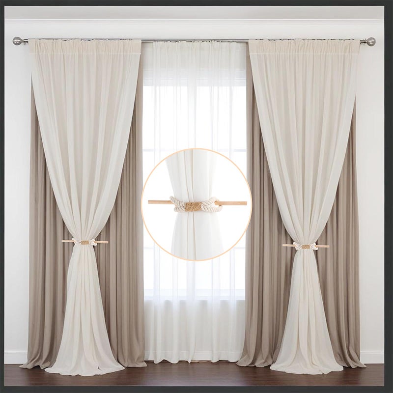 JAZLOG (346107) 2 Pcs Farmhouse Curtain Tiebacks, Boho Rustic Holdbacks for Drapes, Rope Curtain Tie Backs with Wood Club Cotton Jute Rope Curtain Holder Natural Woven Curtain Ties for Home & Office - Image 5