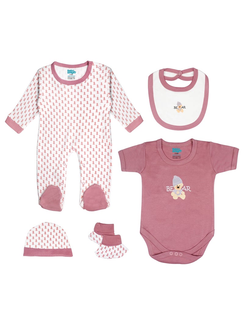 Babies Basic 5 piece Unisex 100% Cotton Sets include Bib, Romper, Mittens, Cap and Sleepsuit/Jumpsuit - Image 1