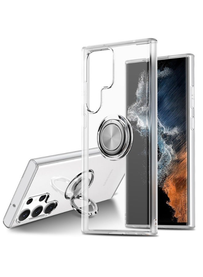 حافظة سامسونج جالاكسي S24 الترا مع مسند حلقي معدني، حافظة حماية للهاتف S24 الترا، مضادة للاصفرار، مضادة للانفجار، مضادة للخدش والسقوط، حافظة رفيعة للغاية لهاتف جالاكسي S24 الترا، شفافة - Image 1