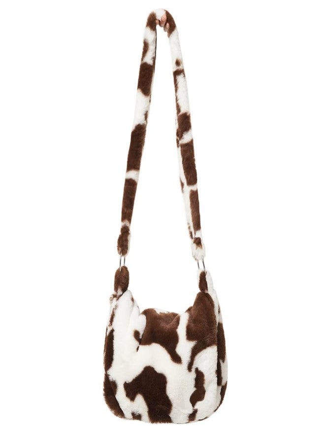YIUOR Faux Fur Crossbody Bag Cow Print Women Plush Fluffy Furry Shoulder Tote Bag with Zipper Closure (Brown) - Image 1