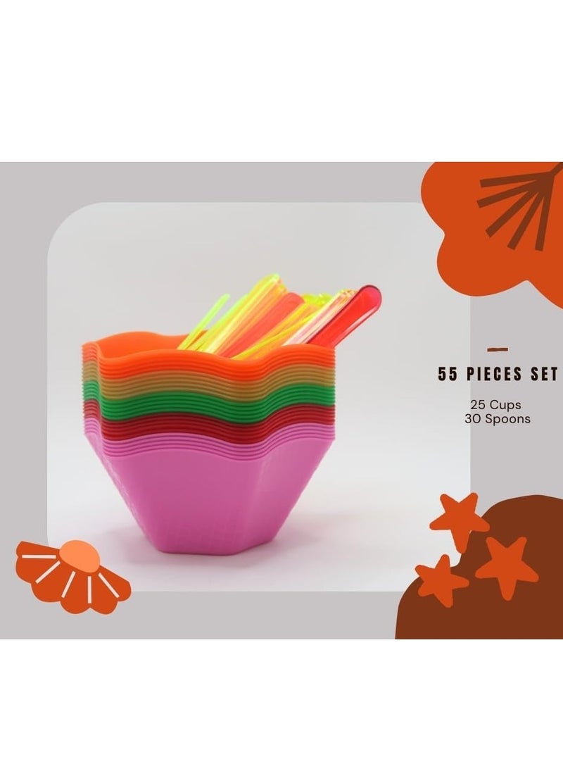 Teb Plastic Ice Cream Cups and Spoons Set – 55 Pieces Dessert Bowls and Spoons for Parties, Birthday, Ice Cream, Sundaes, Snacks – Disposable & Colorful Plastic Serving Set - Image 2