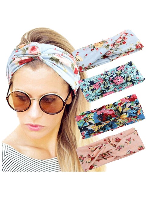 Hair tie made of soft cotton with spring flower patterns in multiple colors, set of 4 pieces