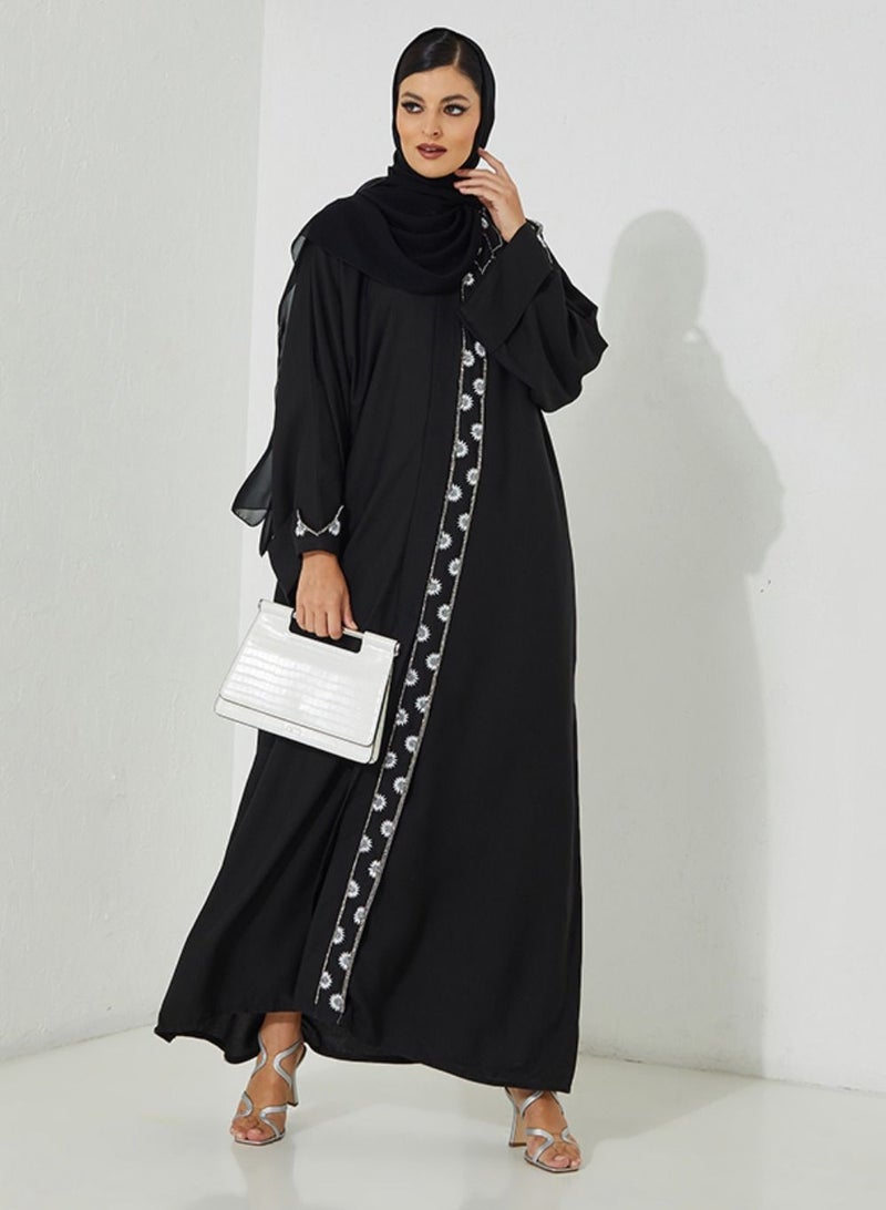 روزيت عباية عباية أنيقة مطرزة بالفضة وأحجار اللولو بأكمام واسعة - Image 1