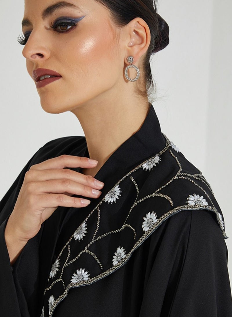 روزيت عباية عباية أنيقة مطرزة بالفضة وأحجار اللولو بأكمام واسعة - Image 2