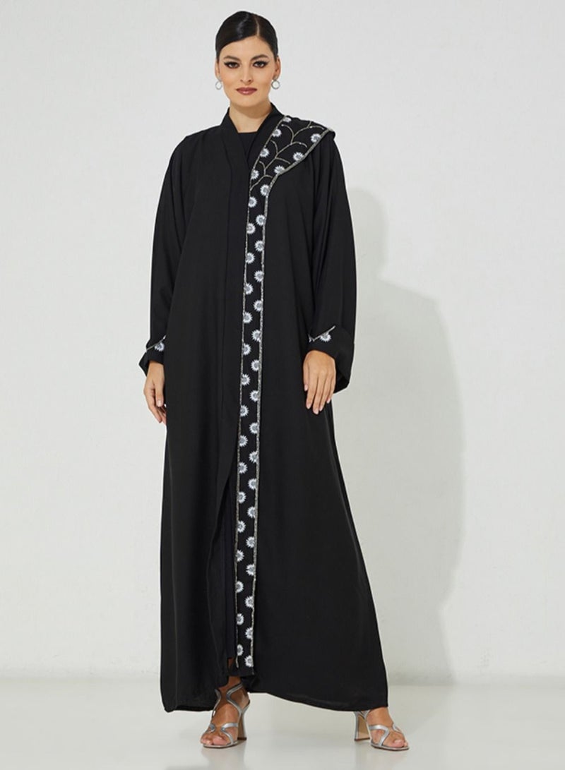 روزيت عباية عباية أنيقة مطرزة بالفضة وأحجار اللولو بأكمام واسعة - Image 3