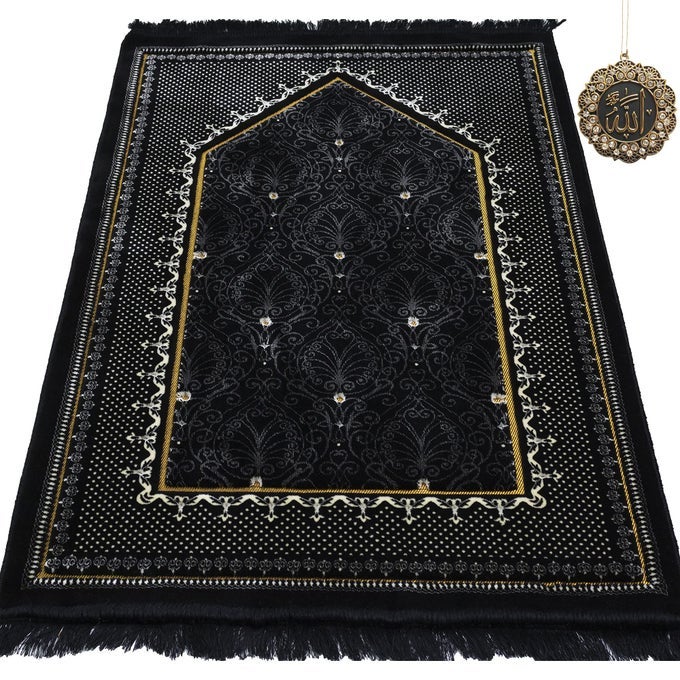 TURKISH ISLAMIC VELVET PRAYER RUG THICK WIDE SOFT CARPET FOR MEN WOMEN LARGE MUSLIM SALAH MAT RAMADAN EID GIFT WITH CAR HANGER DOUBLE PLUSH TOPKAPI BLACK