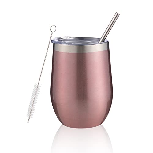 FristChoice 12 oz Insulated Wine Tumbler with Lid and StrawStainless Steel Stemless Wine Tumbler Glasses Double Wall Vacuum Wine Cups Tumbler for CoffeeChampaignCocktail Rose Gold1
