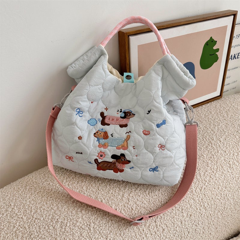 49272 Cartoon Embroidered Soft Cute Crossbody Bag Large Capacity Shoulder Handbag Quilted Cotton Commuter Handbag - Image 1