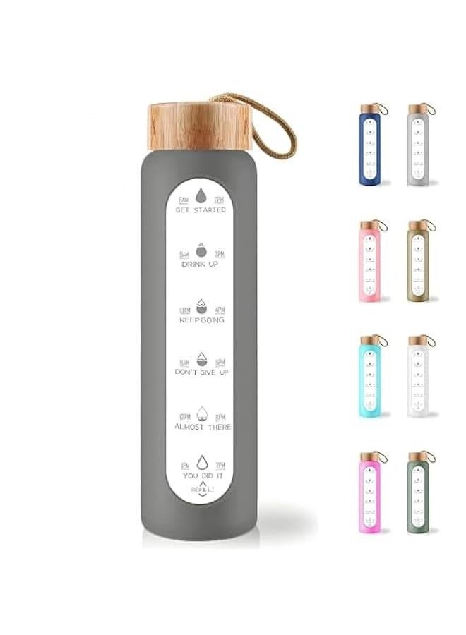 HOOKOR 32 Oz Borosilicate Glass Water Bottle with Times to Drink - Wide Mouth BPA Free Glass Motivational Water Bottles with Silicone Sleeve, Bamboo Lid, Fruit Infuser, and Bonus Brush (Grey) - Image 1
