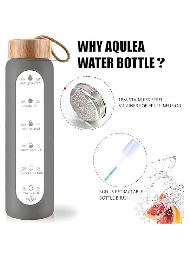 HOOKOR 32 Oz Borosilicate Glass Water Bottle with Times to Drink - Wide Mouth BPA Free Glass Motivational Water Bottles with Silicone Sleeve, Bamboo Lid, Fruit Infuser, and Bonus Brush (Grey) - Image 2