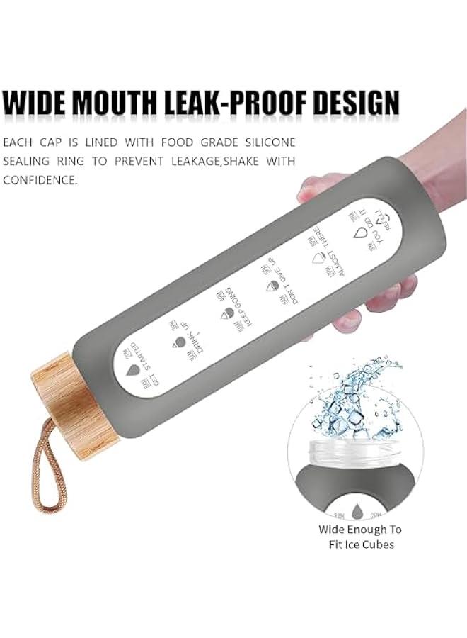 HOOKOR 32 Oz Borosilicate Glass Water Bottle with Times to Drink - Wide Mouth BPA Free Glass Motivational Water Bottles with Silicone Sleeve, Bamboo Lid, Fruit Infuser, and Bonus Brush (Grey) - Image 5