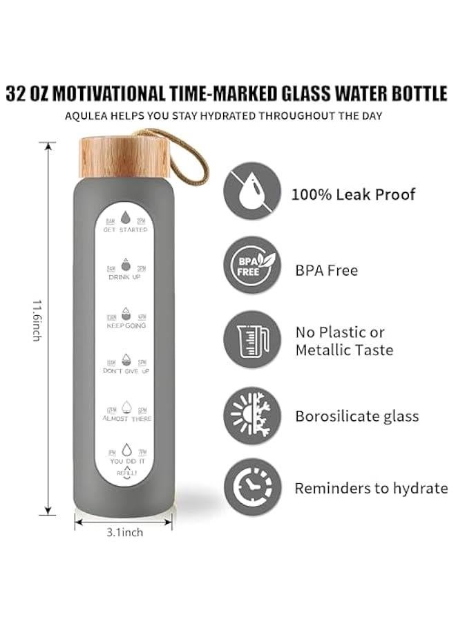 HOOKOR 32 Oz Borosilicate Glass Water Bottle with Times to Drink - Wide Mouth BPA Free Glass Motivational Water Bottles with Silicone Sleeve, Bamboo Lid, Fruit Infuser, and Bonus Brush (Grey) - Image 4