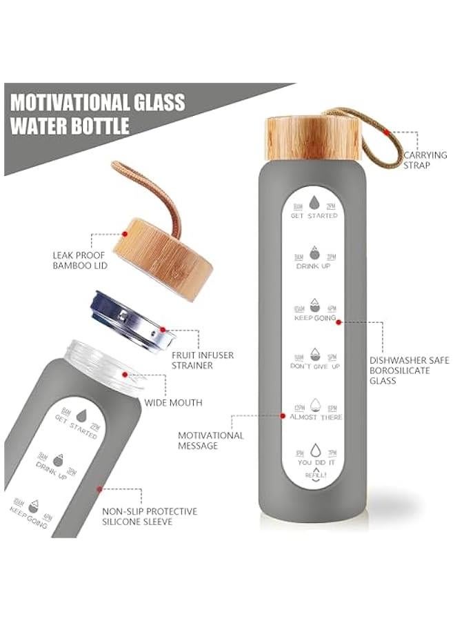 HOOKOR 32 Oz Borosilicate Glass Water Bottle with Times to Drink - Wide Mouth BPA Free Glass Motivational Water Bottles with Silicone Sleeve, Bamboo Lid, Fruit Infuser, and Bonus Brush (Grey) - Image 3