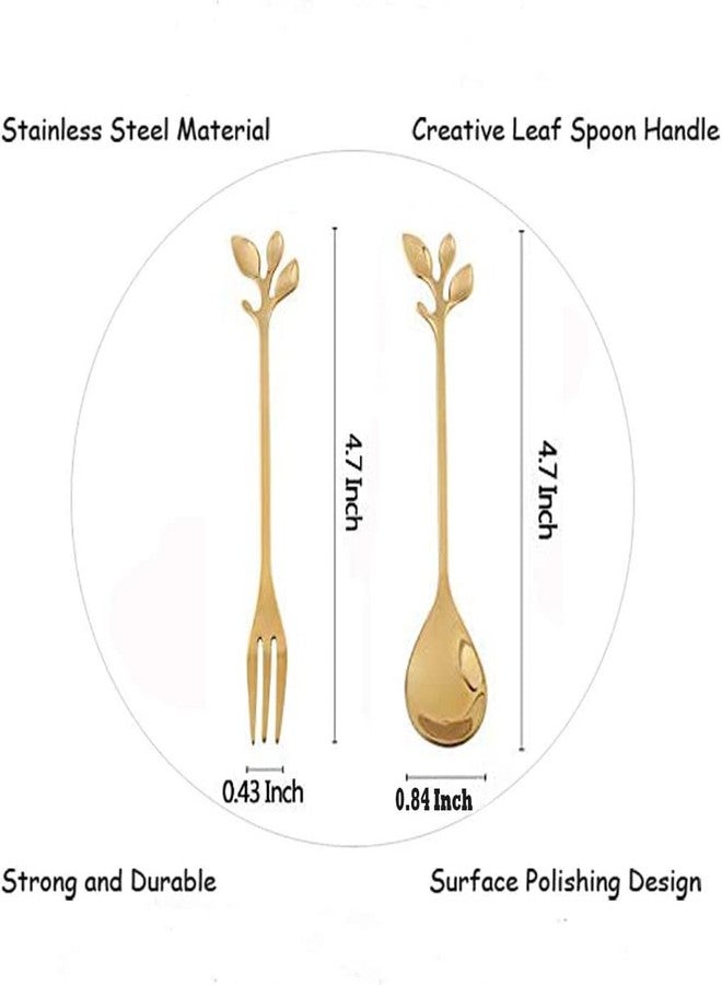 Comicfs 16 Pcs Stainless Steel Gold Leaf Coffee Spoon appetizer fork-4.7" Creative Tableware Dessert Spoons, Stirring, Mixing, Sugar, Stir, Ice Cream, Fruit, Cake, Teaspoon Set (8 Spoons 8 Forks,Gold) - Image 2