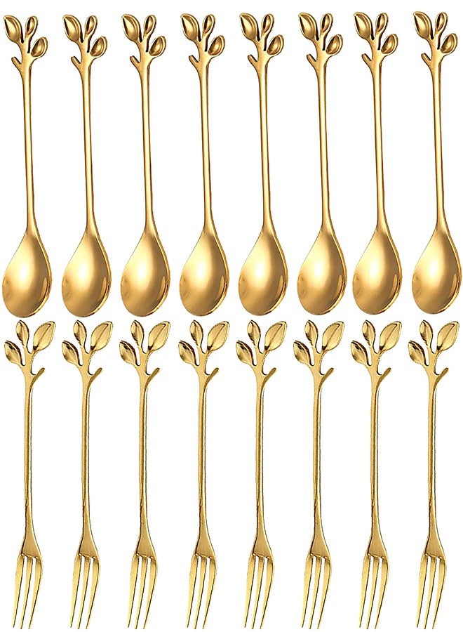 Comicfs 16 Pcs Stainless Steel Gold Leaf Coffee Spoon appetizer fork-4.7" Creative Tableware Dessert Spoons, Stirring, Mixing, Sugar, Stir, Ice Cream, Fruit, Cake, Teaspoon Set (8 Spoons 8 Forks,Gold) - Image 1