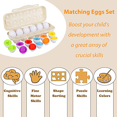 Hhyn Matching Eggs Set with Beige Eggs Holder, Upgraded Toddler Egg Toys Learning Shapes and Colors Educational Puzzle Sorting Games Improve Motor Skills for Kids Easter Gift, 12 Eggs - Image 3