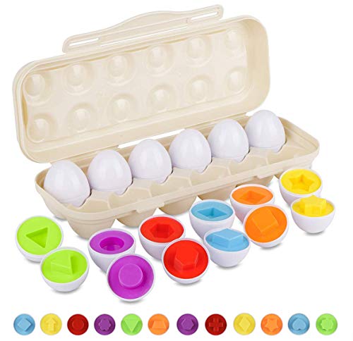Hhyn Matching Eggs Set with Beige Eggs Holder, Upgraded Toddler Egg Toys Learning Shapes and Colors Educational Puzzle Sorting Games Improve Motor Skills for Kids Easter Gift, 12 Eggs - Image 1