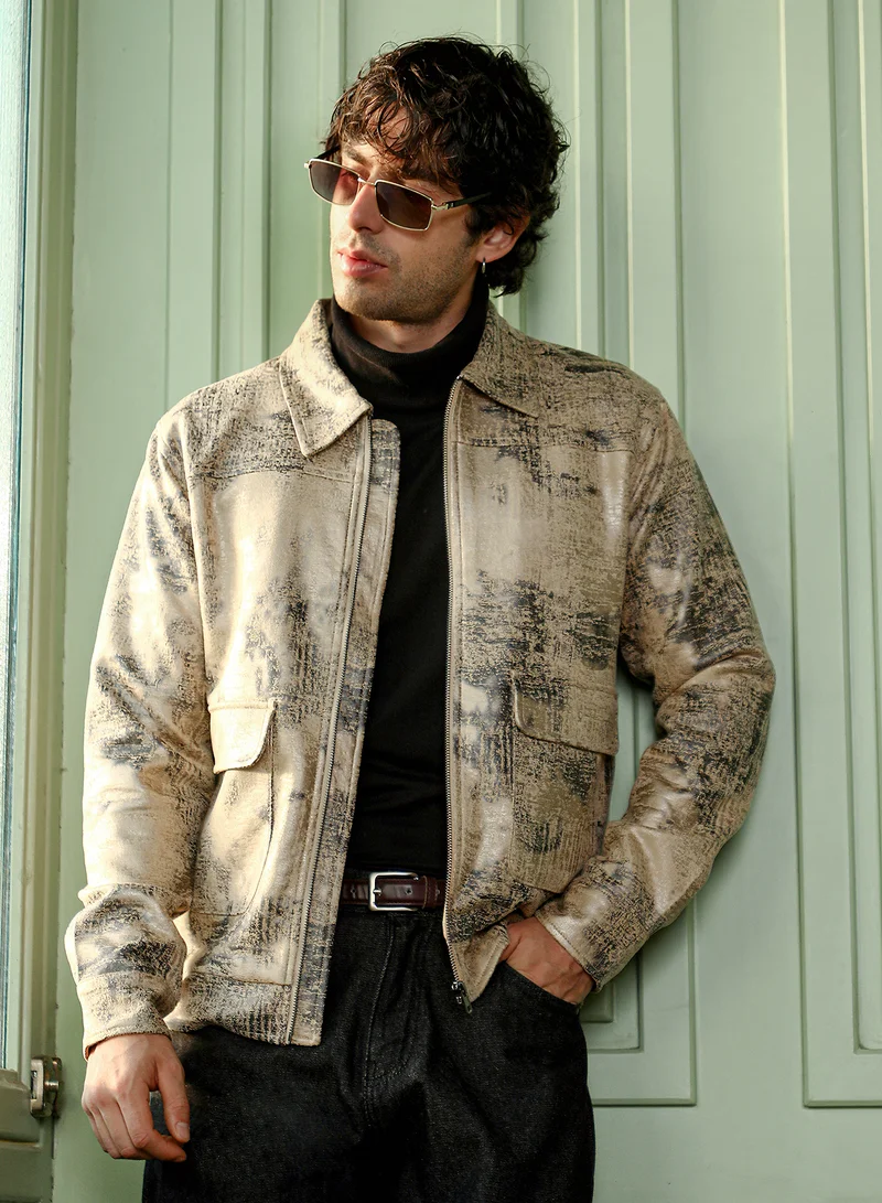 كامبوس سوترا Men Reptilia-Jacquard Zip-Front Jacket | Point Collar, Long Button-Cuff Sleeves | Zipper , Band-Straight Hem | Abstract Print Jacquard Woven Fabric For Casual & Daily Wear | Bisque Beige