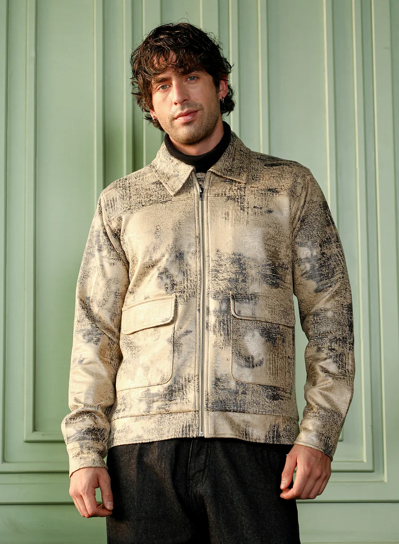 كامبوس سوترا Men Reptilia-Jacquard Zip-Front Jacket | Point Collar, Long Button-Cuff Sleeves | Zipper , Band-Straight Hem | Abstract Print Jacquard Woven Fabric For Casual & Daily Wear | Bisque Beige