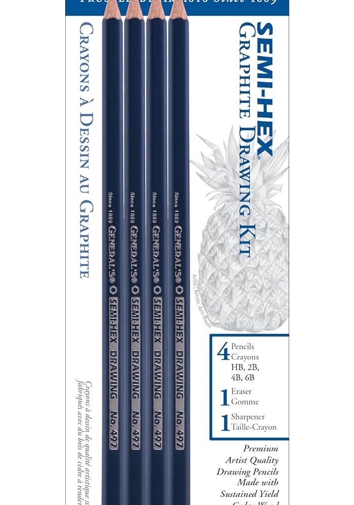 GENERAL'S Semi-Hex Graphite Drawing Pencils Set - 4 Pencils (HB, 2B, 4B, 6B) with Eraser and Sharpener