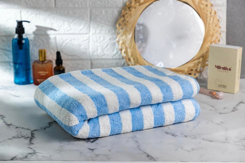 Fezora Microfiber Bath Towels Strip 70x140 Extra Soft Plush Quick Dry High Absorbency Large Size Towels for Bathing Sky Blue White - Image 4