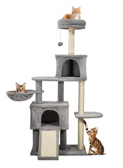 NNC PETS Deluxe cat tree tower with Cozy hammock, Scratching posts & Jump platform, Interactive Play and Relaxation center for indoor cats, Scratching ladder, Double Condos and Easy assemble, 147 cm (Grey)  - Image 1