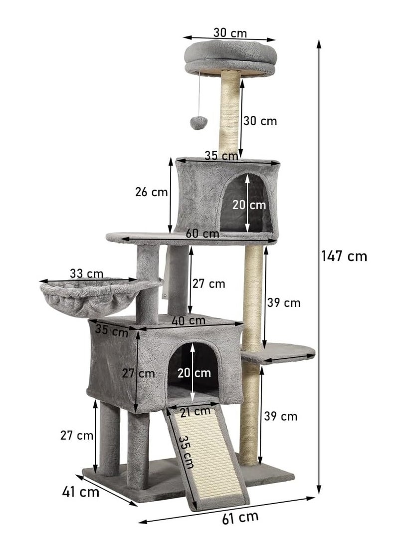 NNC PETS - Deluxe cat tree tower with Cozy hammock, Scratching posts & Jump platform, Interactive Play and Relaxation center for indoor cats, Scratching ladder, Double Condos and Easy assemble, 147 cm (Grey) - Image 1