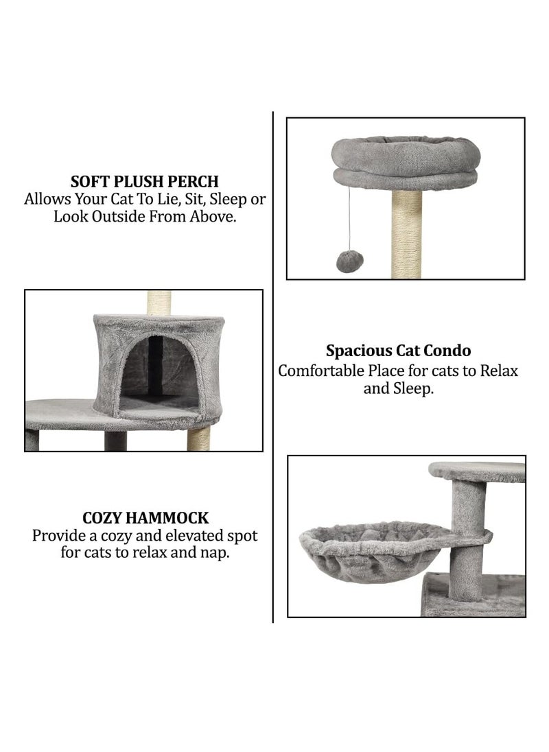 NNC PETS - Deluxe cat tree tower with Cozy hammock, Scratching posts & Jump platform, Interactive Play and Relaxation center for indoor cats, Scratching ladder, Double Condos and Easy assemble, 147 cm (Grey) - Image 1