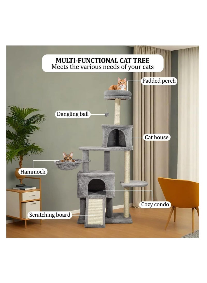 NNC PETS - Deluxe cat tree tower with Cozy hammock, Scratching posts & Jump platform, Interactive Play and Relaxation center for indoor cats, Scratching ladder, Double Condos and Easy assemble, 147 cm (Grey) - Image 1