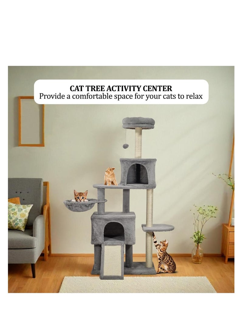NNC PETS - Deluxe cat tree tower with Cozy hammock, Scratching posts & Jump platform, Interactive Play and Relaxation center for indoor cats, Scratching ladder, Double Condos and Easy assemble, 147 cm (Grey) - Image 1