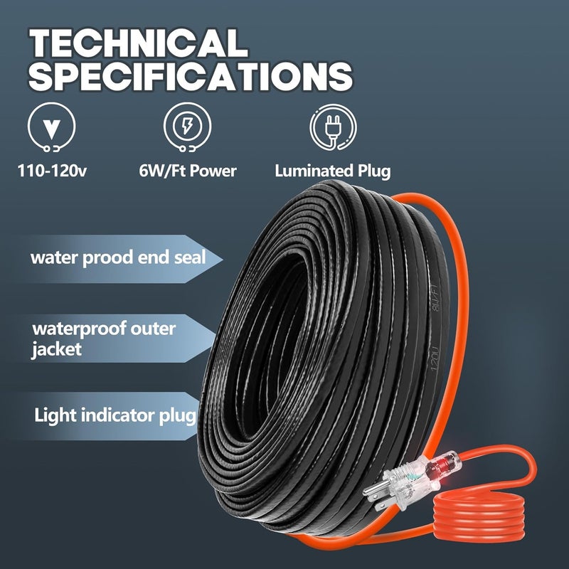 Rylpoint 3FT~200FT Heat Tape for Water Pipes, -40°F Deicing Heating Cable, Freeze Protected Water Pipe Heating Cable, Heated Water Hose, Plumbing Fixtures, 120V 5W/ft（140FT） - Image 2