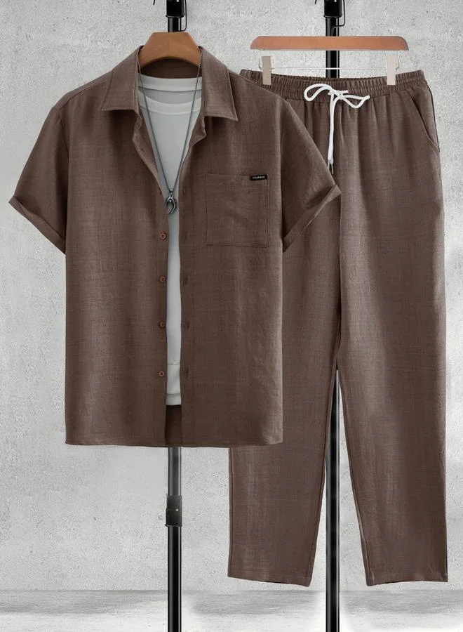 Take Two Take Two Men Brown Solid Shirt and Pants Co-ords