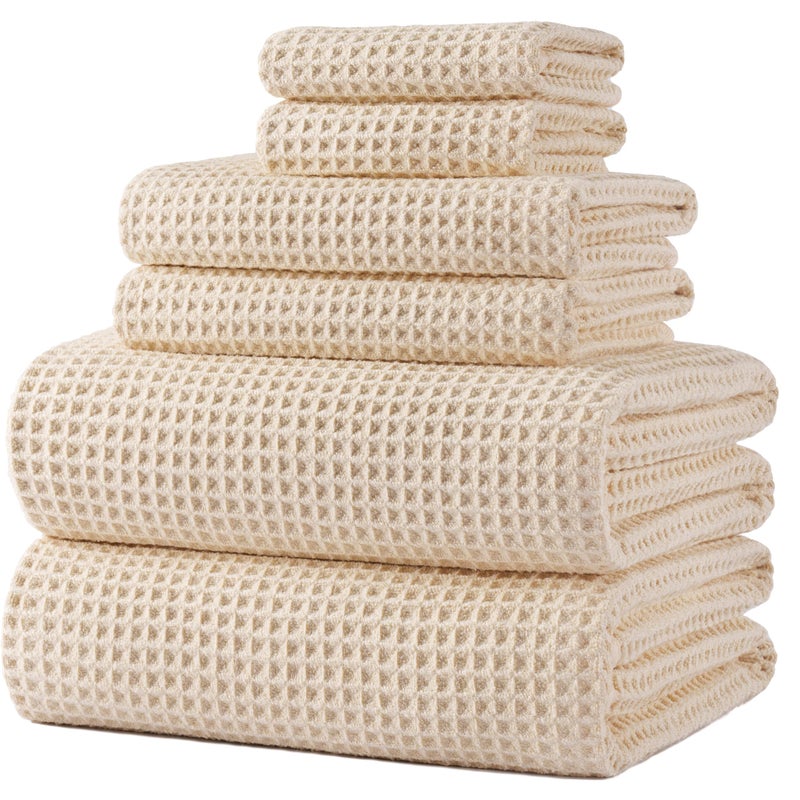 POLYTE Oversize 60 x 30 in Quick Dry Lint Free Microfiber Bath Towel Set 6 Piece Waffle Weave