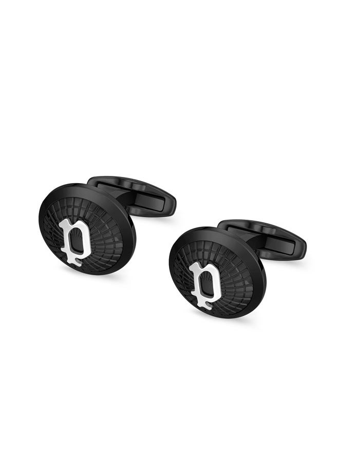 POLICE Decode Cufflinks for Men Black Textured Design with Silver 'P' Logo  - Image 2