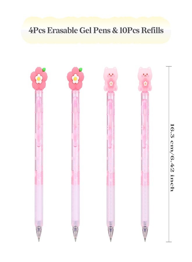 Temiary 4 Pcs Cute Retractable Erasable Gel Ink Pens & 10 Refills, Quick Dry Blue Ink Pen with Eraser, 0.5 mm Fine Point Smooth Writing for Journaling Note Taking (Sakura & Bear) - Image 2