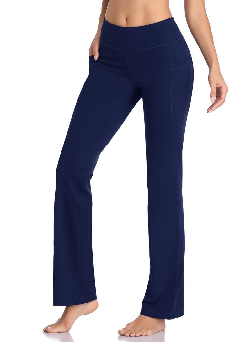 HISKYWIN Side Pockets Yoga Pants 4 Way Stretch Tummy Control Workout Running Pants, Long Bootleg Flare Pants HF201-Navy Blue-L - Image 3