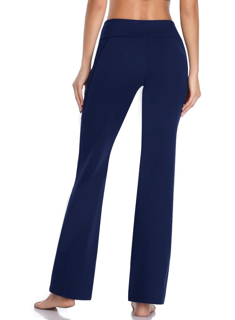 HISKYWIN Side Pockets Yoga Pants 4 Way Stretch Tummy Control Workout Running Pants, Long Bootleg Flare Pants HF201-Navy Blue-L - Image 4