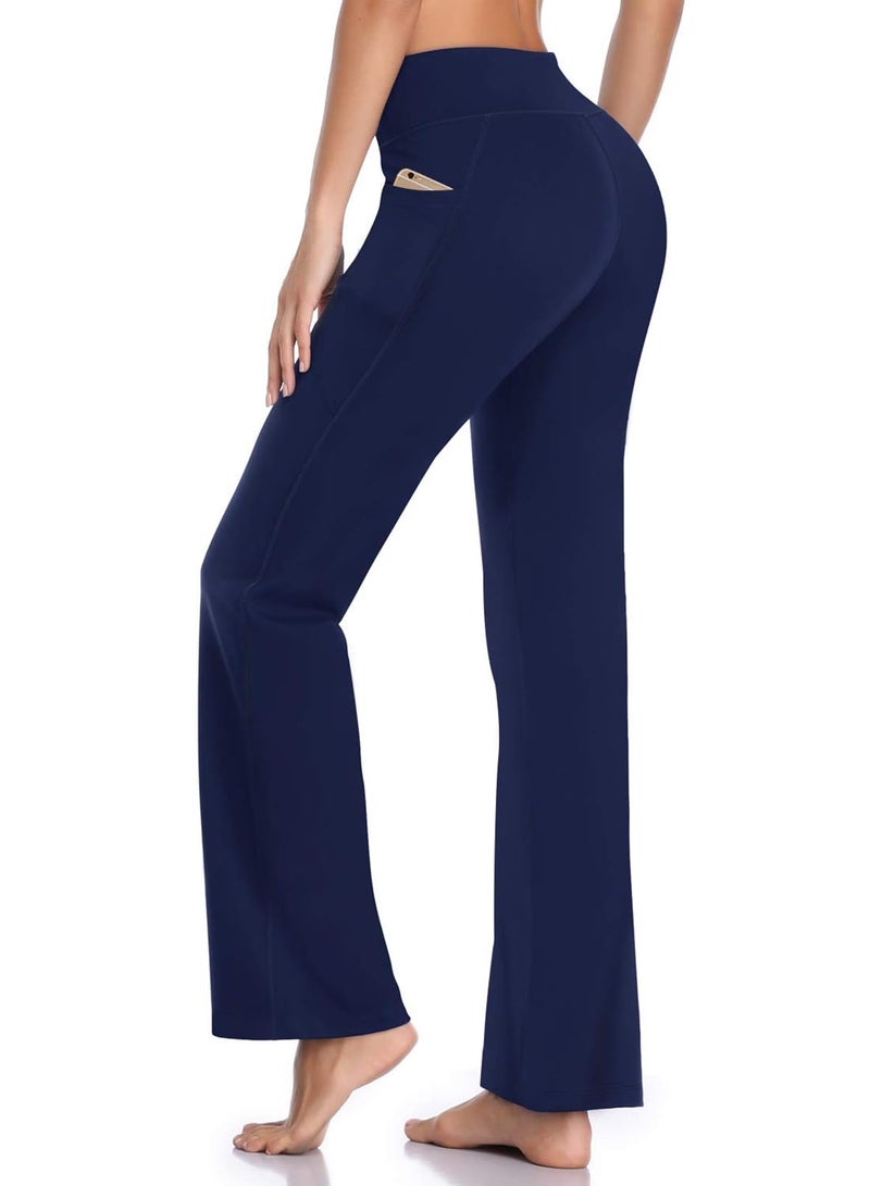 HISKYWIN Side Pockets Yoga Pants 4 Way Stretch Tummy Control Workout Running Pants, Long Bootleg Flare Pants HF201-Navy Blue-L - Image 1
