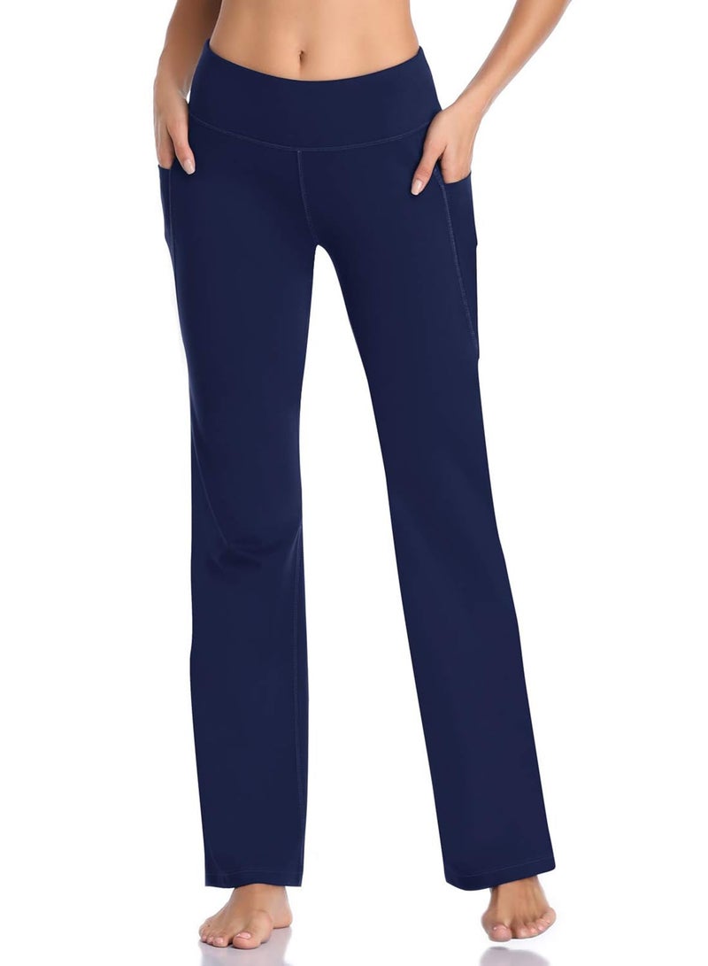 HISKYWIN Side Pockets Yoga Pants 4 Way Stretch Tummy Control Workout Running Pants, Long Bootleg Flare Pants HF201-Navy Blue-L - Image 2