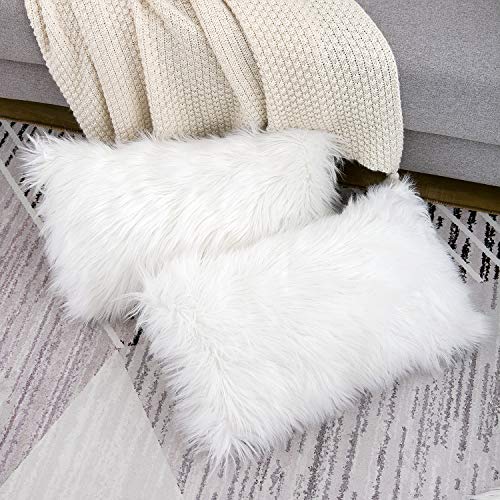 WLNUI Set of 2 White Decorative Lumbar Fluffy Pillow Covers New Luxury Series Merino Style Faux Fur Throw Pillow Covers Fuzzy Cushion Case Spring Easter Home Decor 12x20 Inch - Image 3