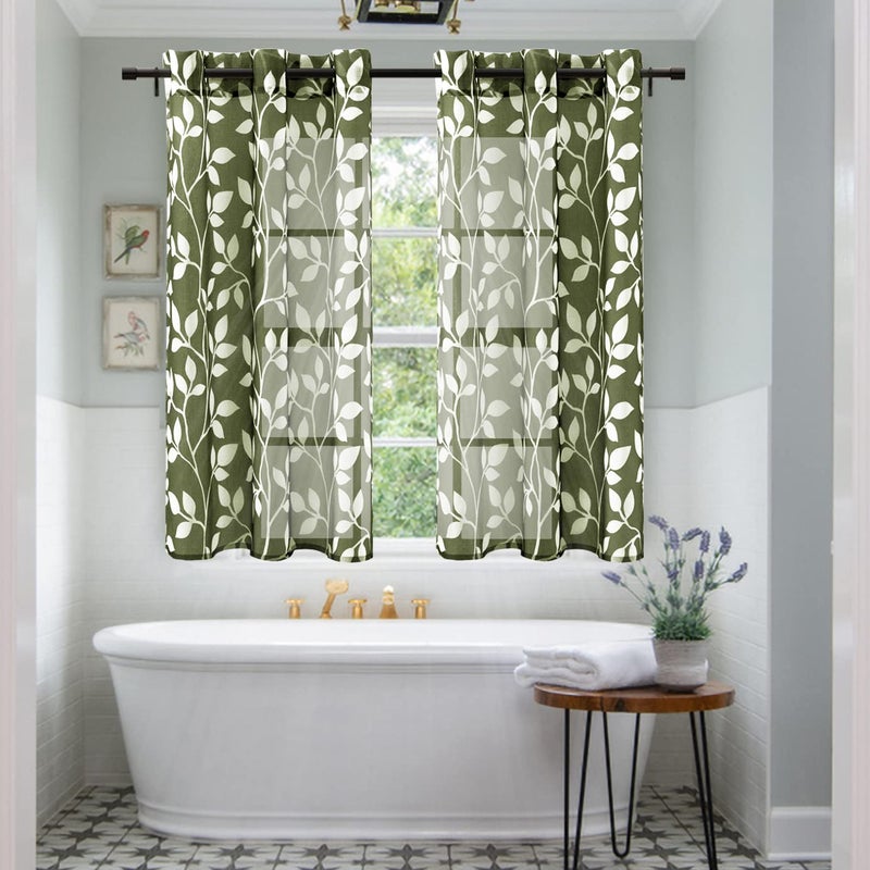 XTMYI Olive Green Kitchen DecorSheer Leaf Bathroom Curtains for Window48 Inch LengthDark Green