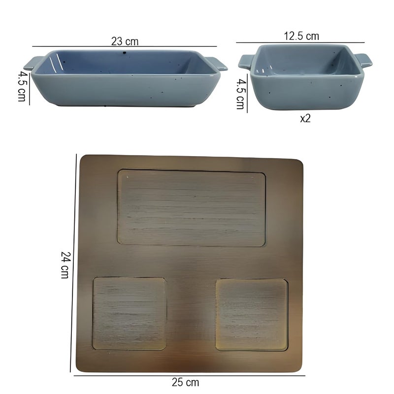 Lemon Tree Ceramic Snack Serving Set 1 Deep Dish Rectangle Bowl 2 Dip Bowls Bamboo Tray Ideal for Serving Snacks Dry Fruits Nuts Desserts Cookies Blue - Image 4